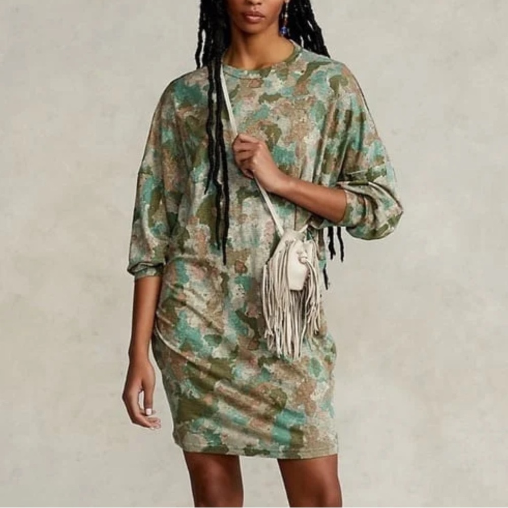 Polo Ralph Lauren Camo Linen Dress Size XXL Women Preppy Long Sleeve Pullover